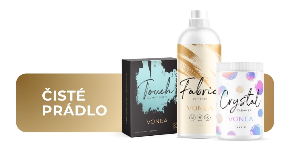 VONEA prostriedky na pranie, pracie pásiky Touch, zmäkčovač prádla a Crystal Cleaner – účinné produkty pre čisté, svieže a hebké prádlo