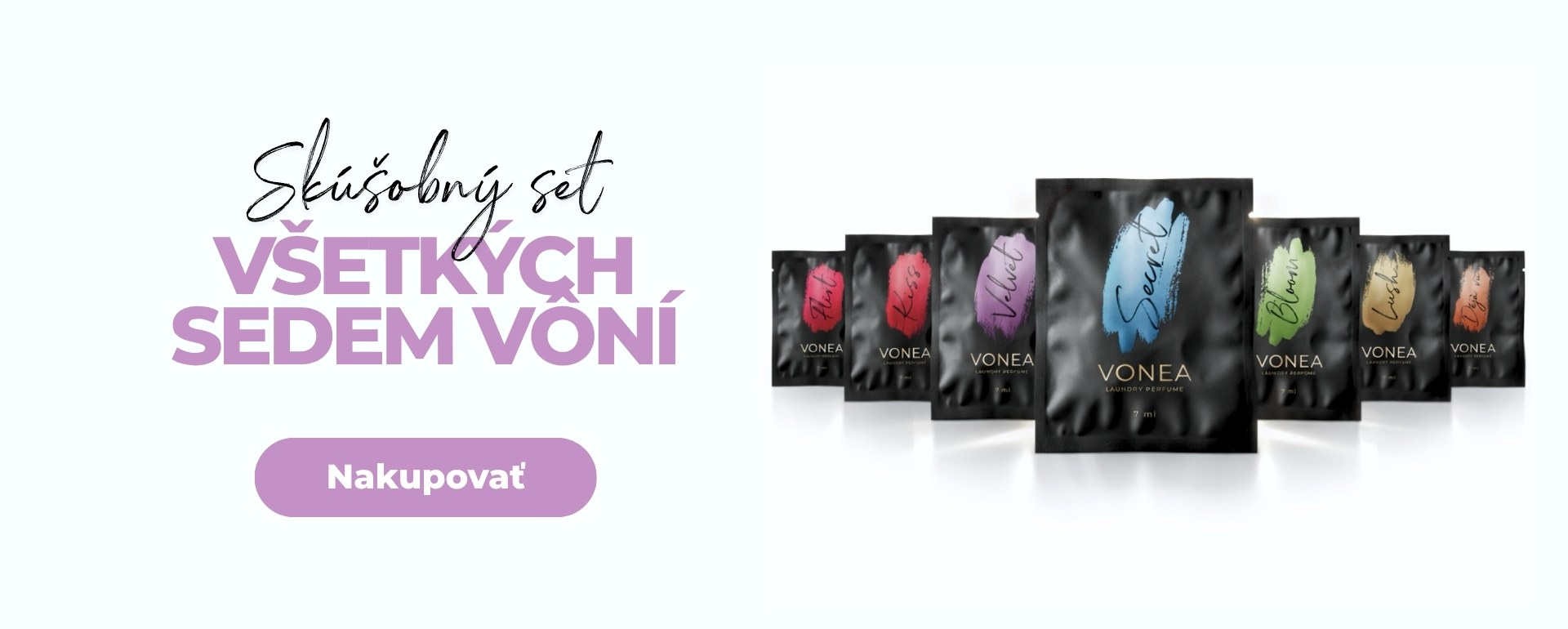 Banner skúšobného setu - vzorky parfumov do prania VONEA so siedmimi ikonickými vôňami.