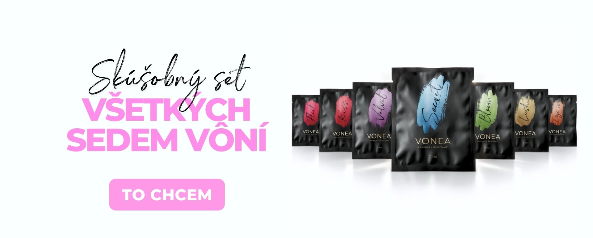 Banner skúšobného setu - vzorky parfumov do prania VONEA so siedmimi ikonickými vôňami.