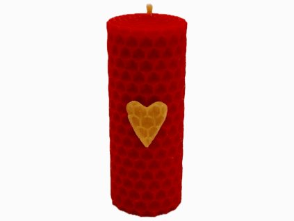 vonia Sviečka z včelieho vosku červená zdobená srdce 8x3 cm