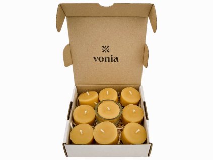 vonia Čajové sviečky včelí vosk zerowaste 9ks + svietnik