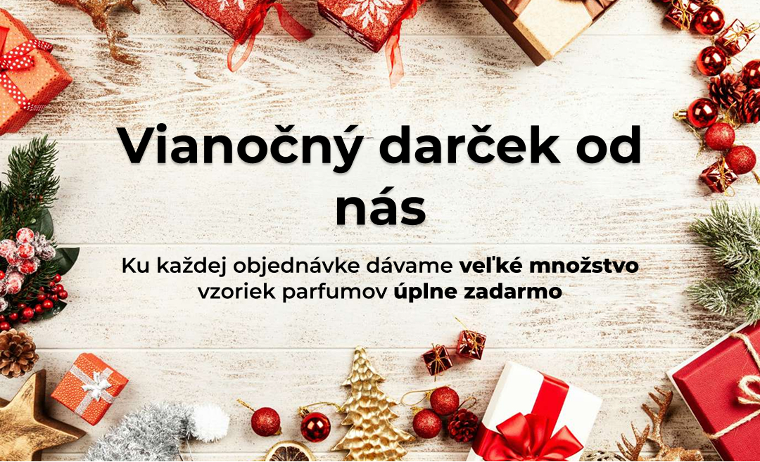 Vianočný banner s darčekmi, ozdobami a textom o voňavých darčekoch z e-shopu vonya.sk