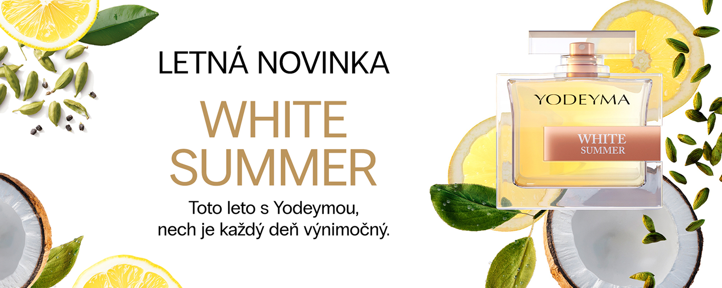 Nový letný parfum Yodeyma White Summer obklopený bielymi kvetmi jazmínu a plátkami kokosu na slnečnom pozadí.