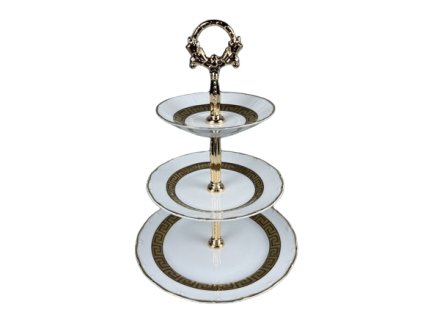 Etažér třípatrový porcelánový se zlatými pruhy