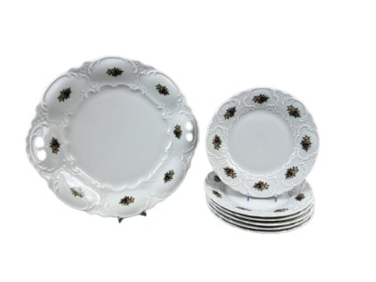 Koláčová souprava 7 dílná pro 6 osob, květy, český porcelán