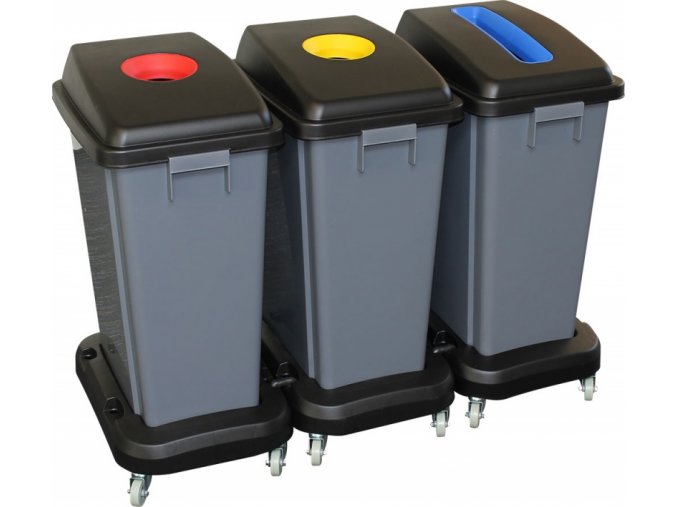 Sestava odpadkových košů na tříděný odpad 3x60 l, na kolečkách, plast