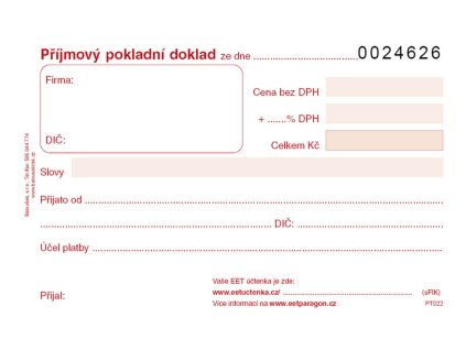 Baloušek Tisk příjmový pokladní doklad - A6 / číslovaný / 50 listů 1+1 / PT022