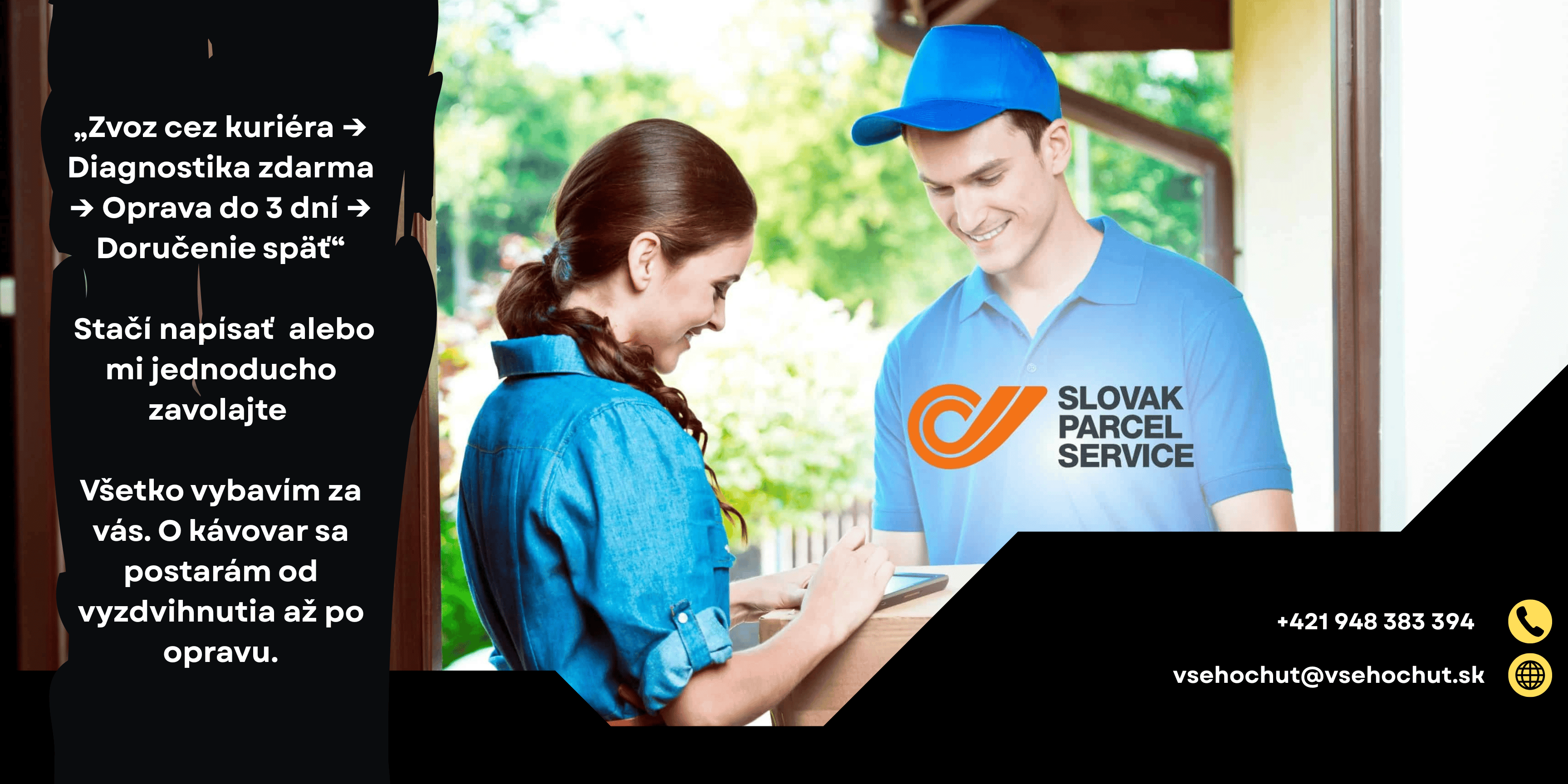 Zvoz kávovarov SPS -„Zvoz cez kuriéra → Diagnostika zdarma → Oprava do 3 dní → Doručenie späť“