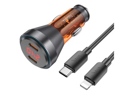686279 hoco nabijecka do auta 2 x type c s displejem kabel type c na lightning pd qc3 0 3a 60w nz12c transparentni oranzova