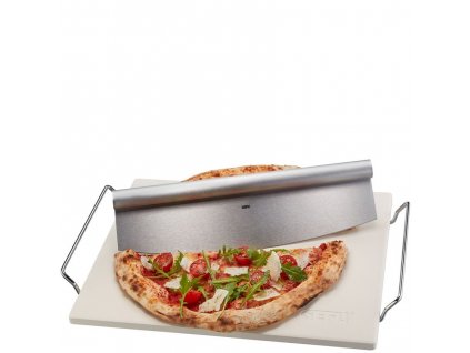 Pizza kámen hranatý, se stojánkem + Pizza kolečko DARIOSO - GEFU  Kámen na pečení pizzy včetně kráječe DARIOSO, hranatý - GEFU
