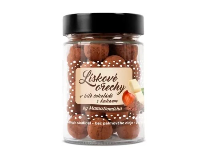 Lískové ořechy v bílé čokoládě s kakaem