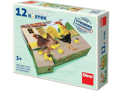Dino DINO DŘEVO Kubus Domácí zvířátka retro obrázkové kostky set 12ks