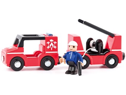 Woody WOODY DŘEVO Hasiči set autíčko s vagonkem a figurkou doplněk k vláčkodráze