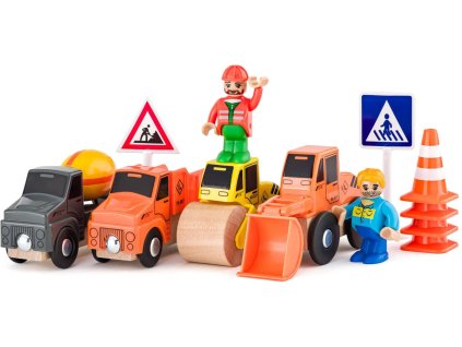 Woody WOODY DŘEVO Stavební stroje set 4 autíčka se 2 figurkami doplněk k vláčkodráze