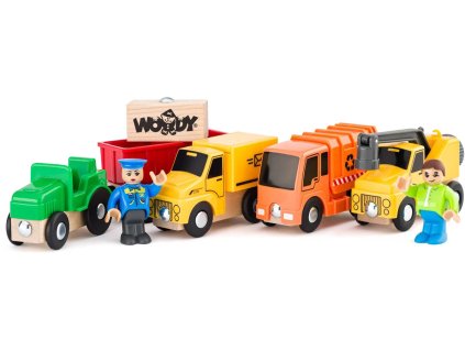 Woody WOODY DŘEVO Užitkové vozy set 4 autíčka se 2 figurkami doplněk k vláčkodráze