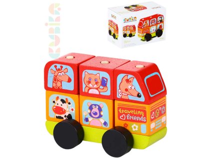 Cubika CUBIKA DŘEVO Baby Minibus šťastná zvířátka navlékací stavebnice set 7 dílků
