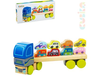 Cubika CUBIKA DŘEVO Baby autíčko Kamion s auty navlékací stavebnice set 12 dílků