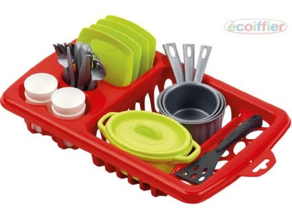 Ecoiffier ECOIFFIER Dětská sada nádobí set kuchyňský s odkapávačem a doplňky 34cm PLAST