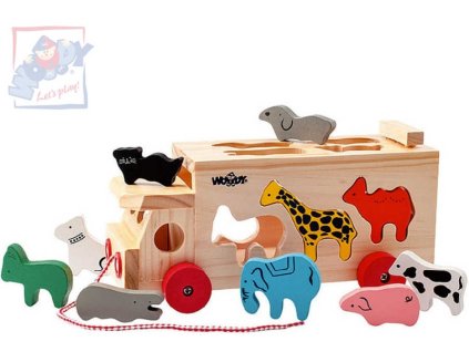 Woody WOODY DŘEVO Baby kamion tahací auto set s vkládacími zvířátky