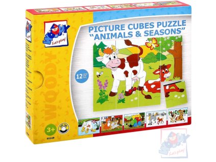 Woody WOODY DŘEVO Kubus 3x4 roční období zvířátka obrázkové kostky set 12ks