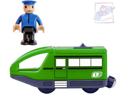 Woody WOODY Mašinka elektrická zelená na baterie set s panáčkem doplněk k vláčkodráze