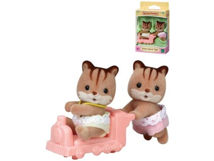 Sylvanian Families Oříškové veverky dvojčata herní set 2 figurky + mašinka