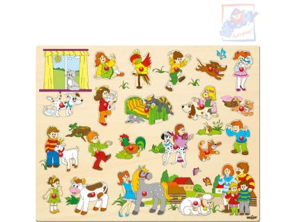 Woody WOODY DŘEVO Baby puzzle vkládací velké set 21 dílků s úchyty na podložce