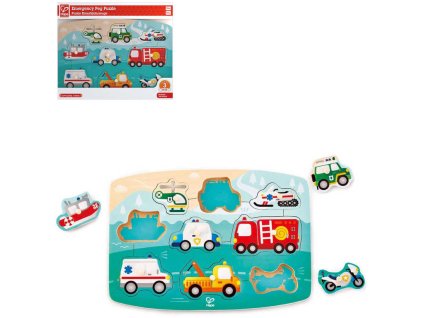 Hape HAPE DŘEVO Puzzle na desce První pomoc auta 9 dílků s úchyty skládačka