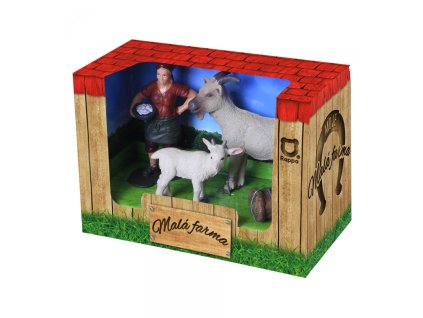 Sada koza s kůzletem a farmářkou