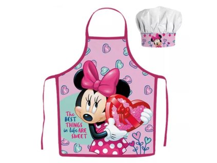 Dětská zástěra MINNIE SRDCE set s čepicí růžový