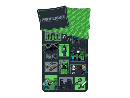 Dětské bavlněné povlečení MINECRAFT okénka zeleno-černé 140x200