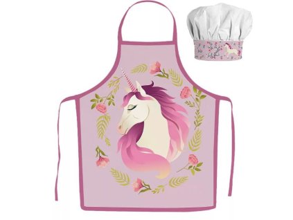 Dětská zástěra UNICORN - JEDNOROŽEC GARDEN set s čepicí růžová