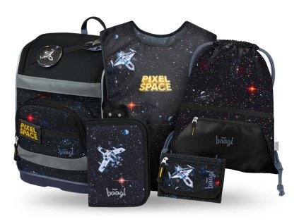 BAAGL SET 5 Zippy Plus Pixel Space: aktovka, penál, sáček, zástěra, peněženka