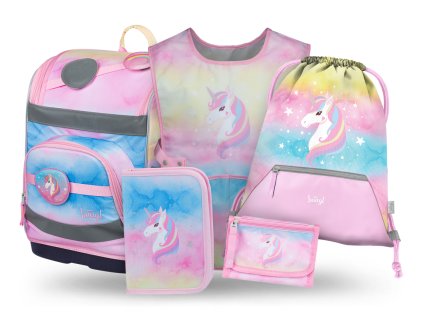 BAAGL SET 5 Zippy Plus Rainbow Unicorn: aktovka, penál, sáček, zástěra, peněženka