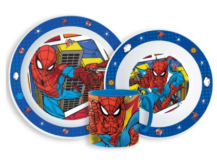 Plastový jídelní set SPIDERMAN nad věžákem s hrnkem modrý