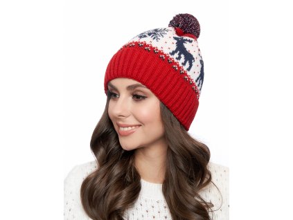Dámská pletená čepice - 0244 - červená/bílá - pro obvod hlavy 58 cm