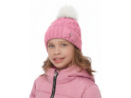 Dívčí pletená čepice - 9480 - jasně-růžová/šedá - pro obvod hlavy 54 cm