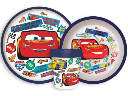 JVL66686 Dětský plastový jídelní set CARS s protiskluzem a kelímkem modrý