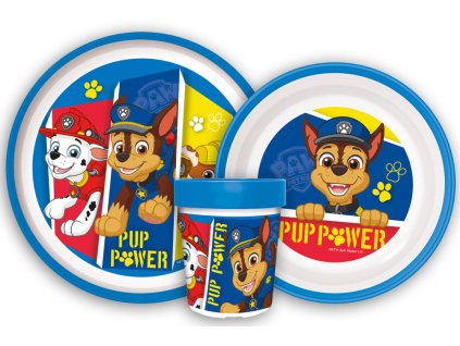 JVL66673 Dětský plastový jídelní set TLAPKOVÁ PATROLA s protiskluzem a kelímkem modrý