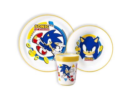 JVL66681 Dětský plastový jídelní set SONIC s protiskluzem a kelímkem žlutý