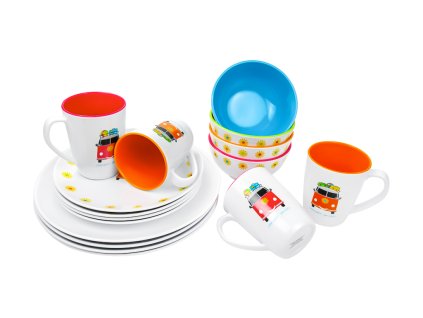 Barevná melaminová jídelní sada, Camper Smile,16-dílná, www.vseprokaravan.cz
