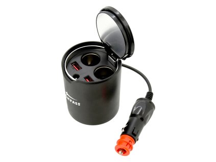 Rozdvojka do držáku nápojů zapalovačová 12/24V 120W + 2x USB (1,0+2,4A), www.vseprokaravan.cz