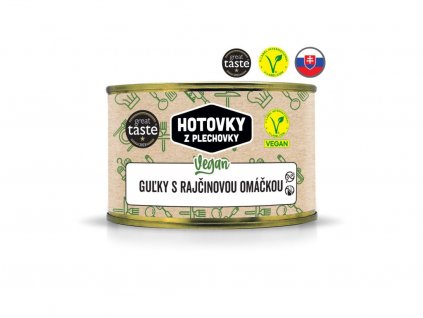 Vegan kuličky v rajčatové omáčce 400g v plechovce. www.vseprokaravan.cz