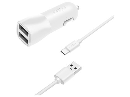 Autonabíječka FIXED + USB-C kabel (15 W) - bílá