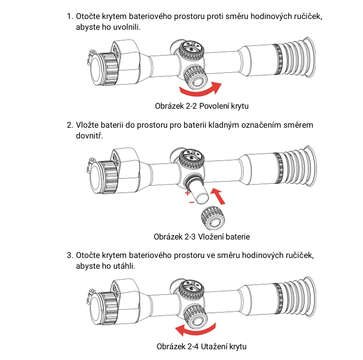 Obrázek 2-2, 2-3, 2-4 – Vložení baterie