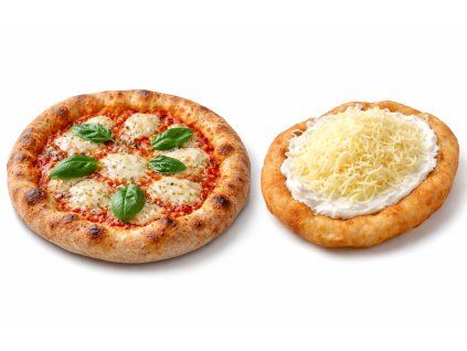 Pizza a lángos na bílém pozadí