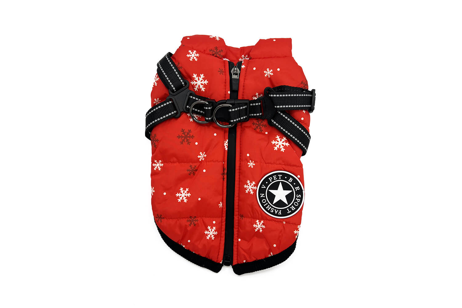 Vsepropejska Achar zimní bunda pro psa s postrojem Barva: Červené-vločky, Délka zad (cm): 22, Obvod hrudníku: 34 - 36 cm