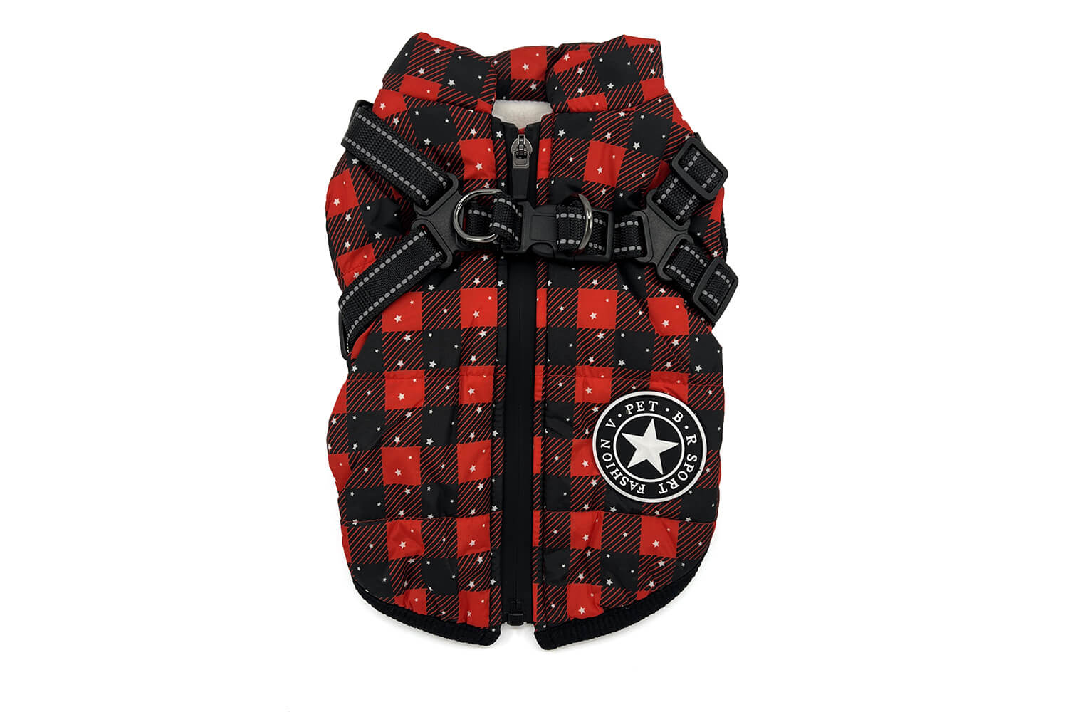 Vsepropejska Achar zimní bunda pro psa s postrojem Barva: Černo-červená, Délka zad (cm): 22, Obvod hrudníku: 34 - 36 cm