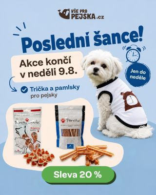⏰ Poslední šance využít slevu 20 %! Akce na vybraná trička a pamlsky končí už v neděli 9. 8. Potom se ceny vracejí zpět. 👕...