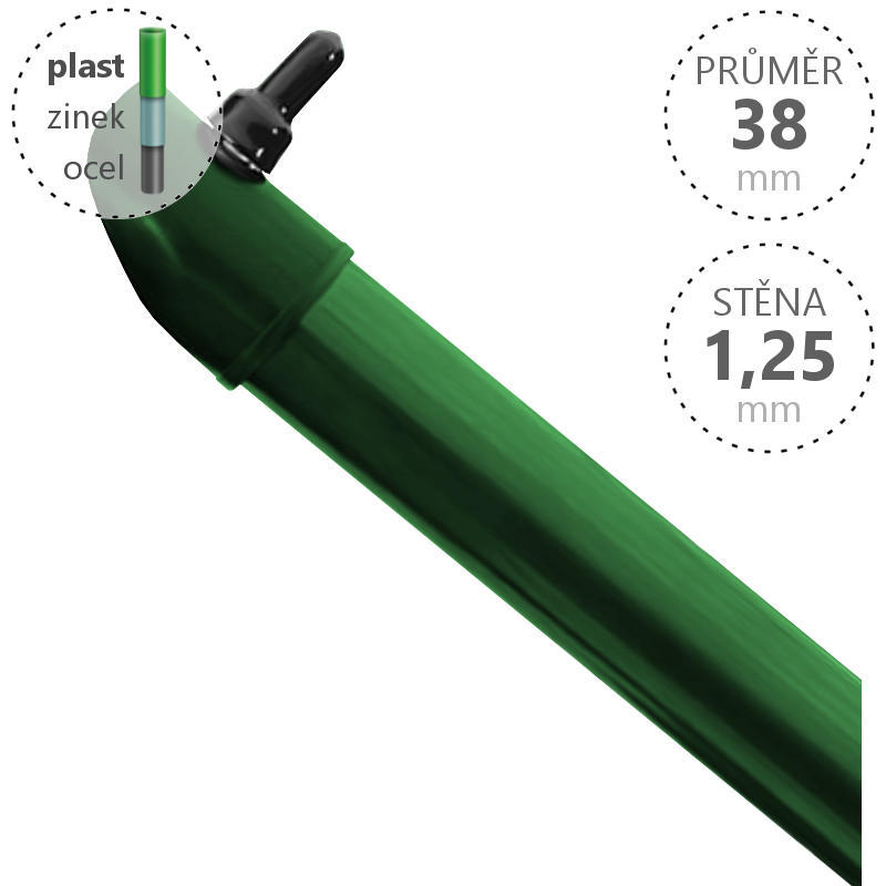 Vzpěra DAMIPLAST® zelená Zn+PVC, průměr 38mm, síla stěny 1,25mm, 2200 mm Délka v mm:: 1600 PLOTY Sklad8 5-300